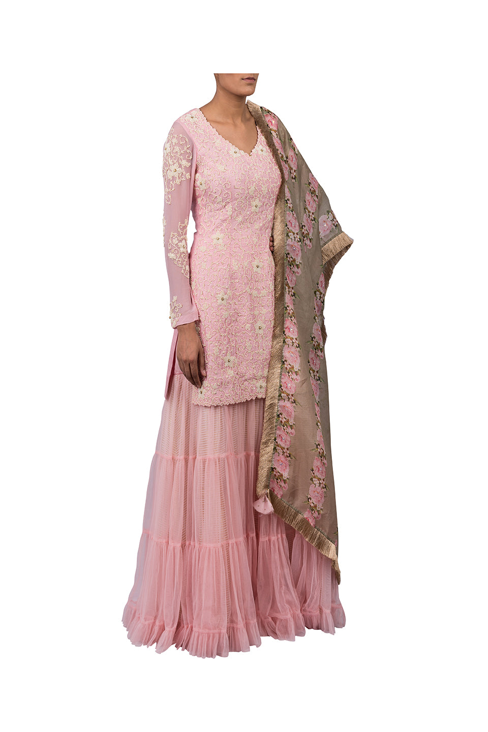 MOTI JAAL SUIT WITH NET SHARARA SKIRT WITH ORGANZA DIGITAL PRINT PEONIES OLIVE GREEN DUPATTA