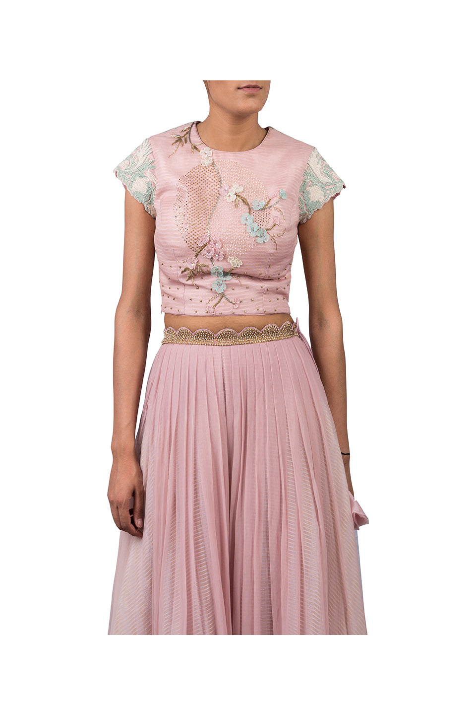 JAPANESE CIRCLE CROPTOP WITH NAKATIKKI BELT AND CHIFFON PALAZZO Yashodhara