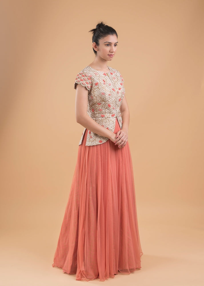 RAW SILK 3D FLOWER GREY PEPLUM JACKET & SKIRT Yashodhara