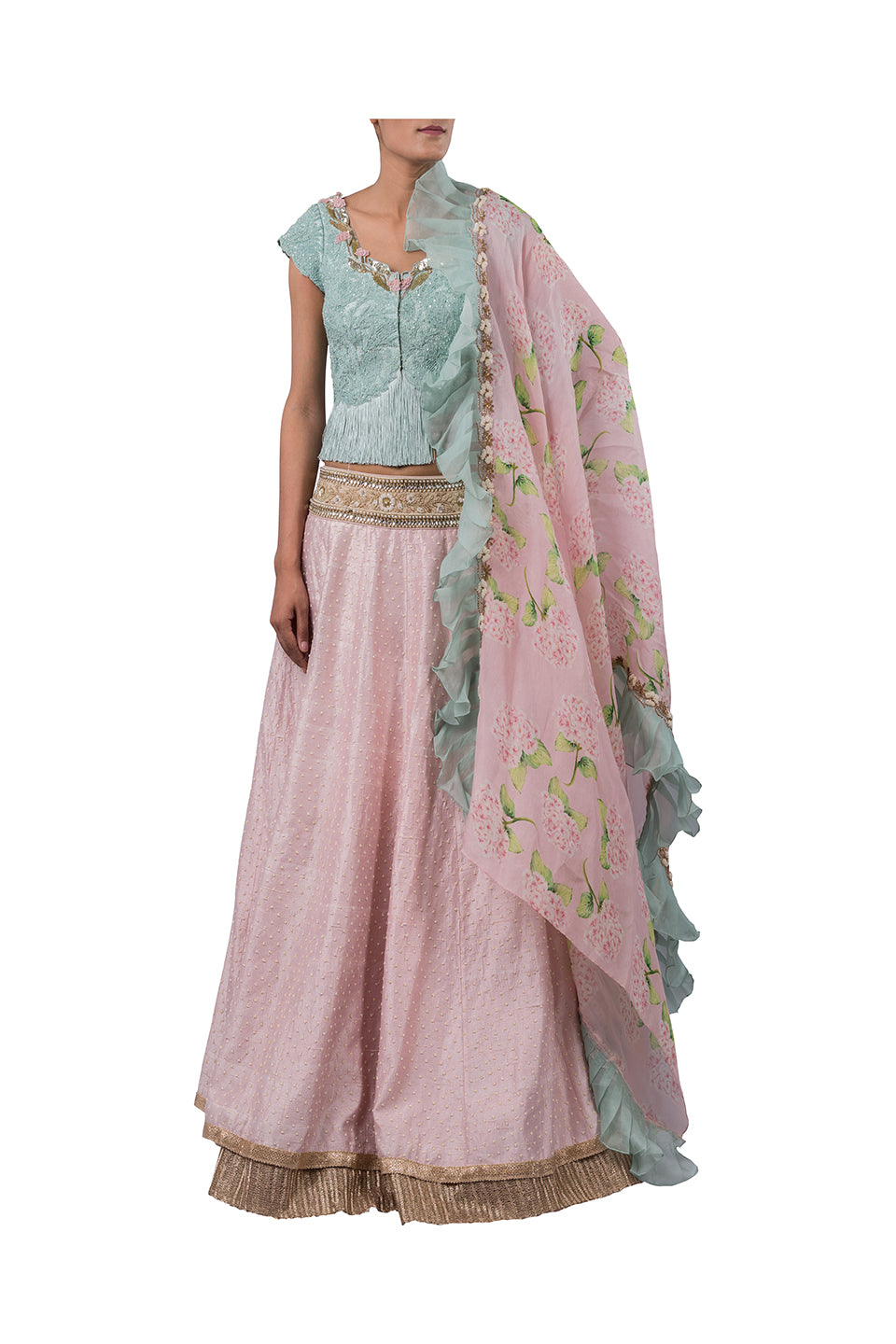 PERSIAN DORI ECO GREEN BLOUSE WITH FRINGES PAIRED WITH PEARL WORK PINK RAW SILK LEHENGA