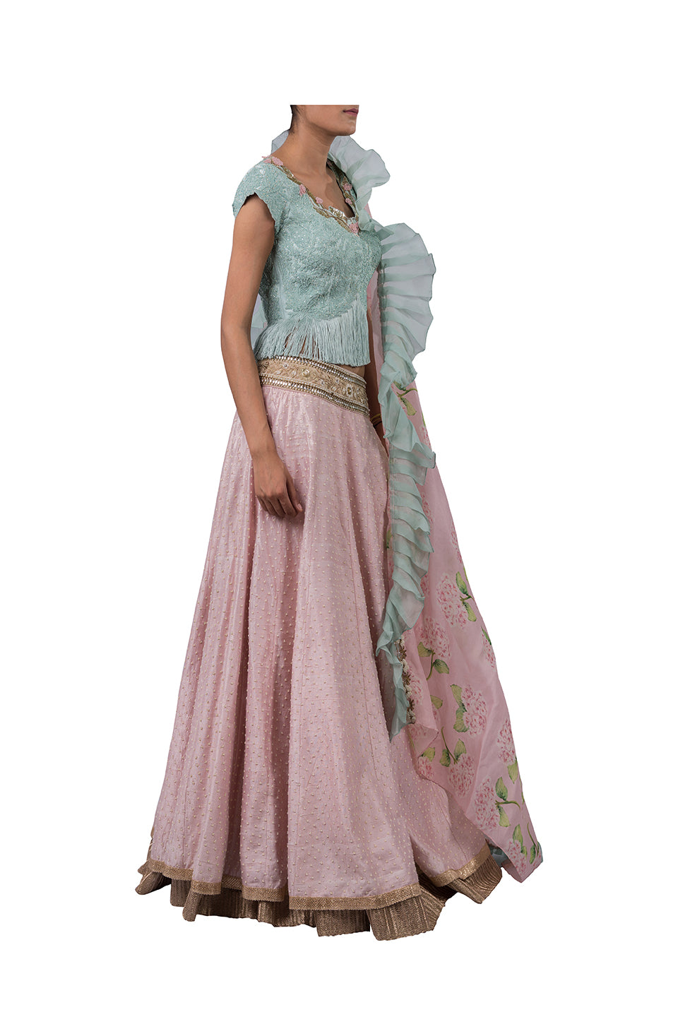 PERSIAN DORI ECO GREEN BLOUSE WITH FRINGES PAIRED WITH PEARL WORK PINK RAW SILK LEHENGA