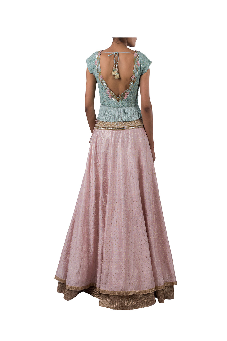 PERSIAN DORI ECO GREEN BLOUSE WITH FRINGES PAIRED WITH PEARL WORK PINK RAW SILK LEHENGA