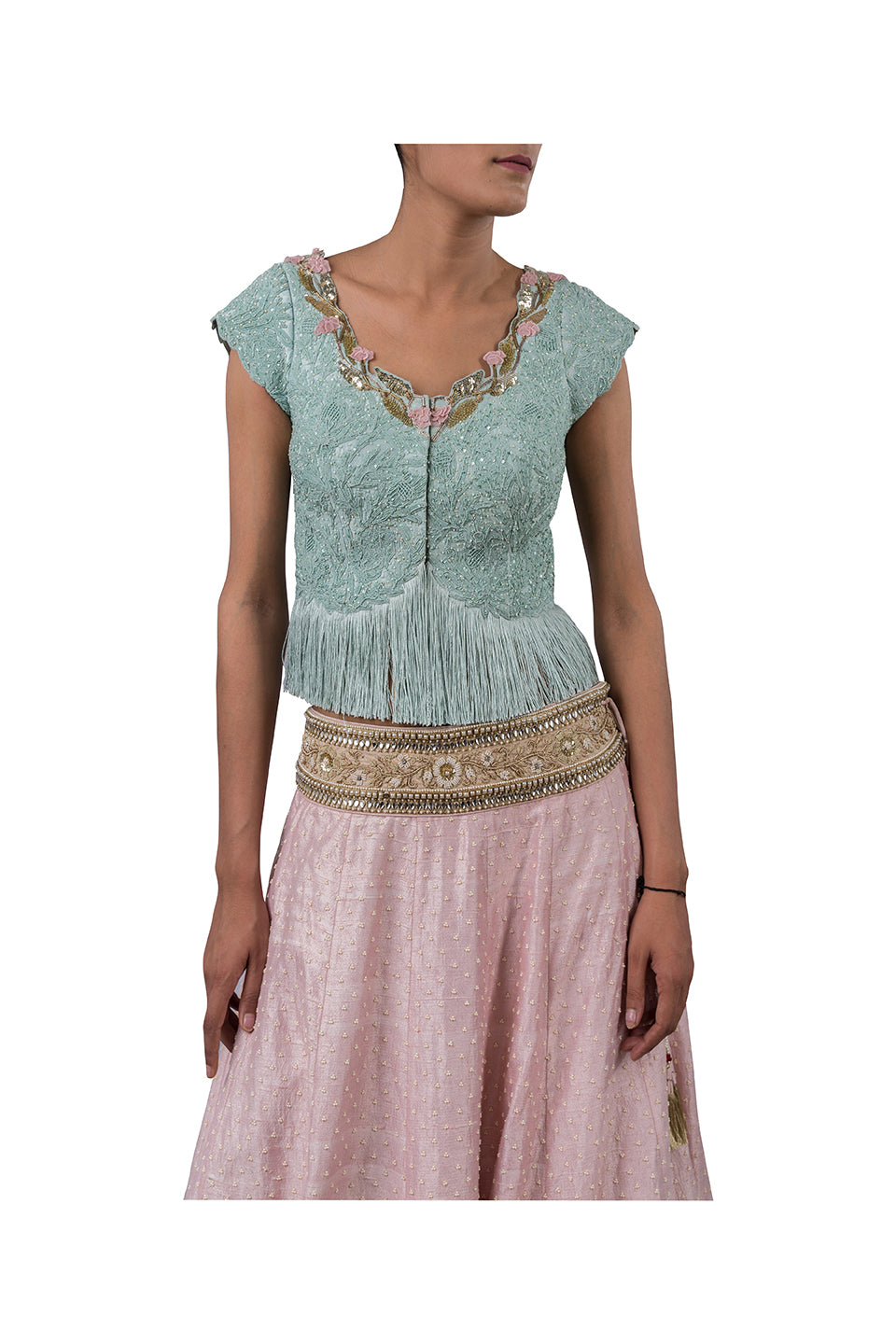 PERSIAN DORI ECO GREEN BLOUSE WITH FRINGES PAIRED WITH PEARL WORK PINK RAW SILK LEHENGA