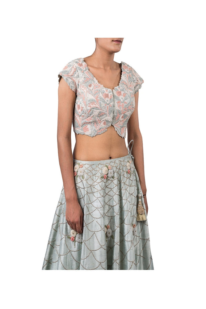 PERSIAN DORI BLOUSE WITH ANCHOR FLOWER SEQUENCE WORK RAW SILK LEHENGA Yashodhara