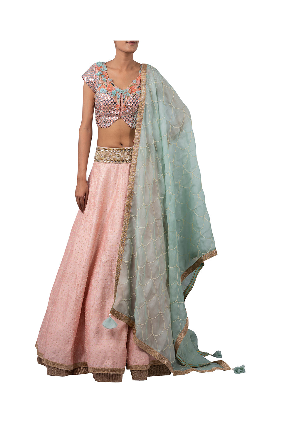 MIRROR EMBROIDERY BLOUSE WITH PERAL WORK RAW SILK GAJARI LEHENGA