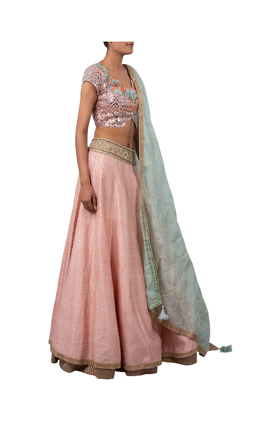 MIRROR EMBROIDERY BLOUSE WITH PERAL WORK RAW SILK GAJARI LEHENGA