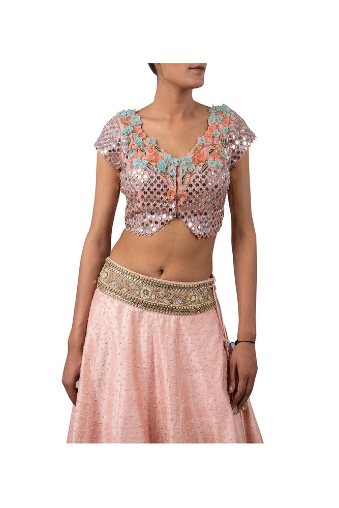 MIRROR EMBROIDERY BLOUSE WITH PERAL WORK RAW SILK GAJARI LEHENGA Yashodhara