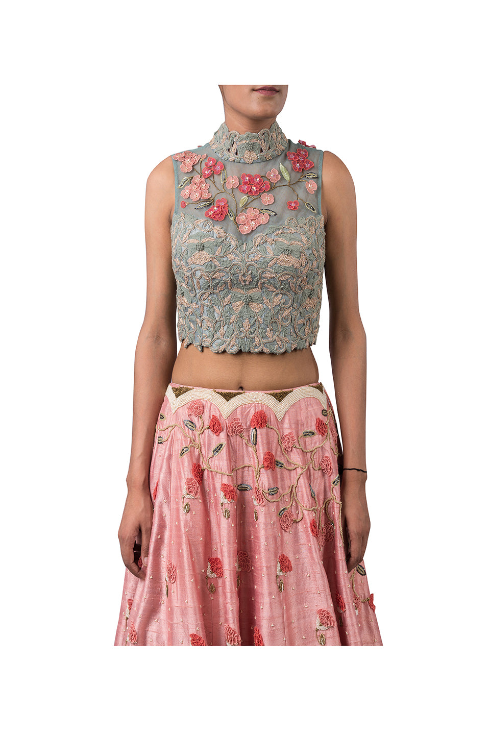 DORI WORK HIGH NECK BLOUSE WITH 3D FLOWERS LEHENGA Yashodhara