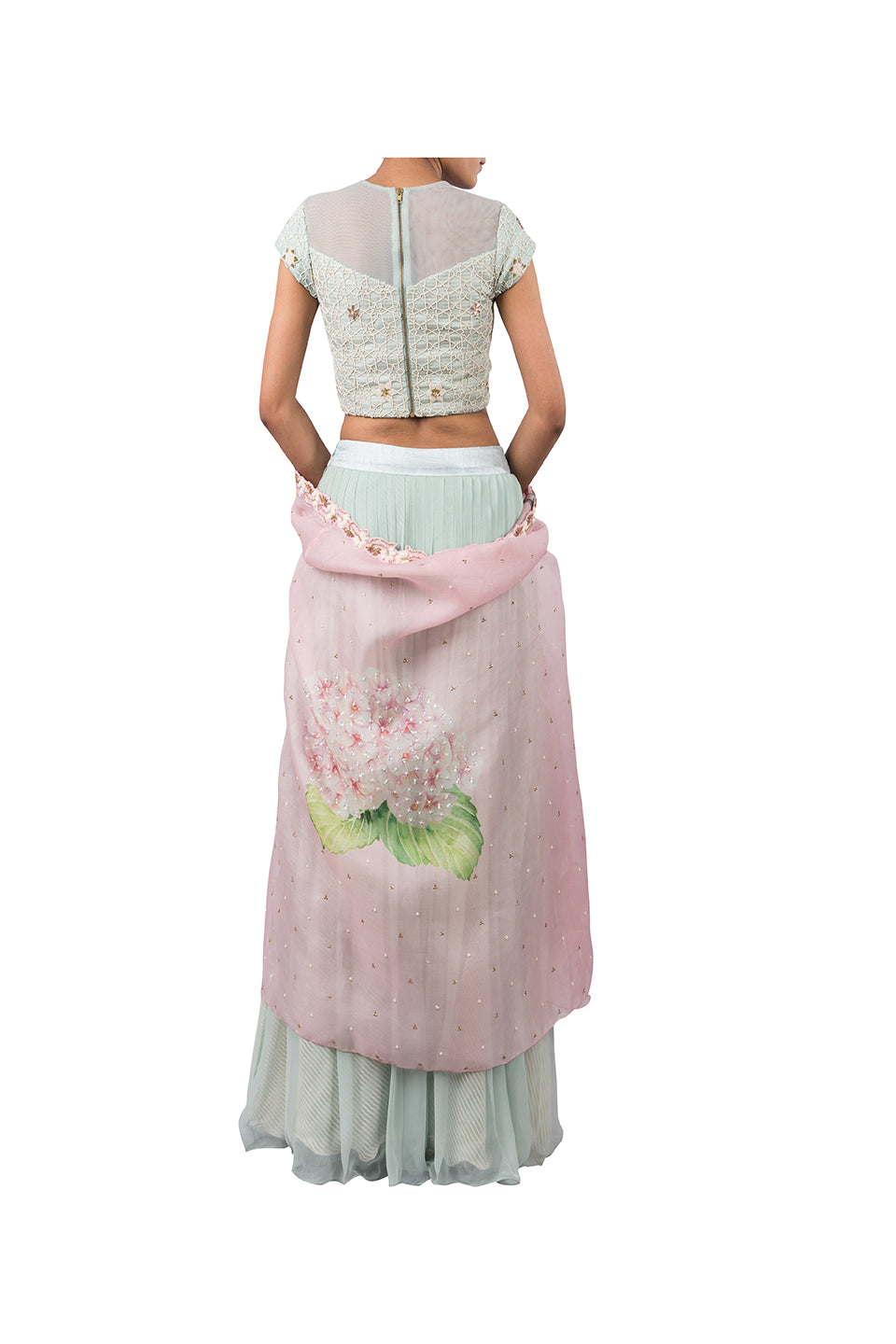 STAR WEB BLOUSE WITH CHIFFON PLEATED PLAZZO AND CUSTOM PRINTED PINK BIRD CAPE