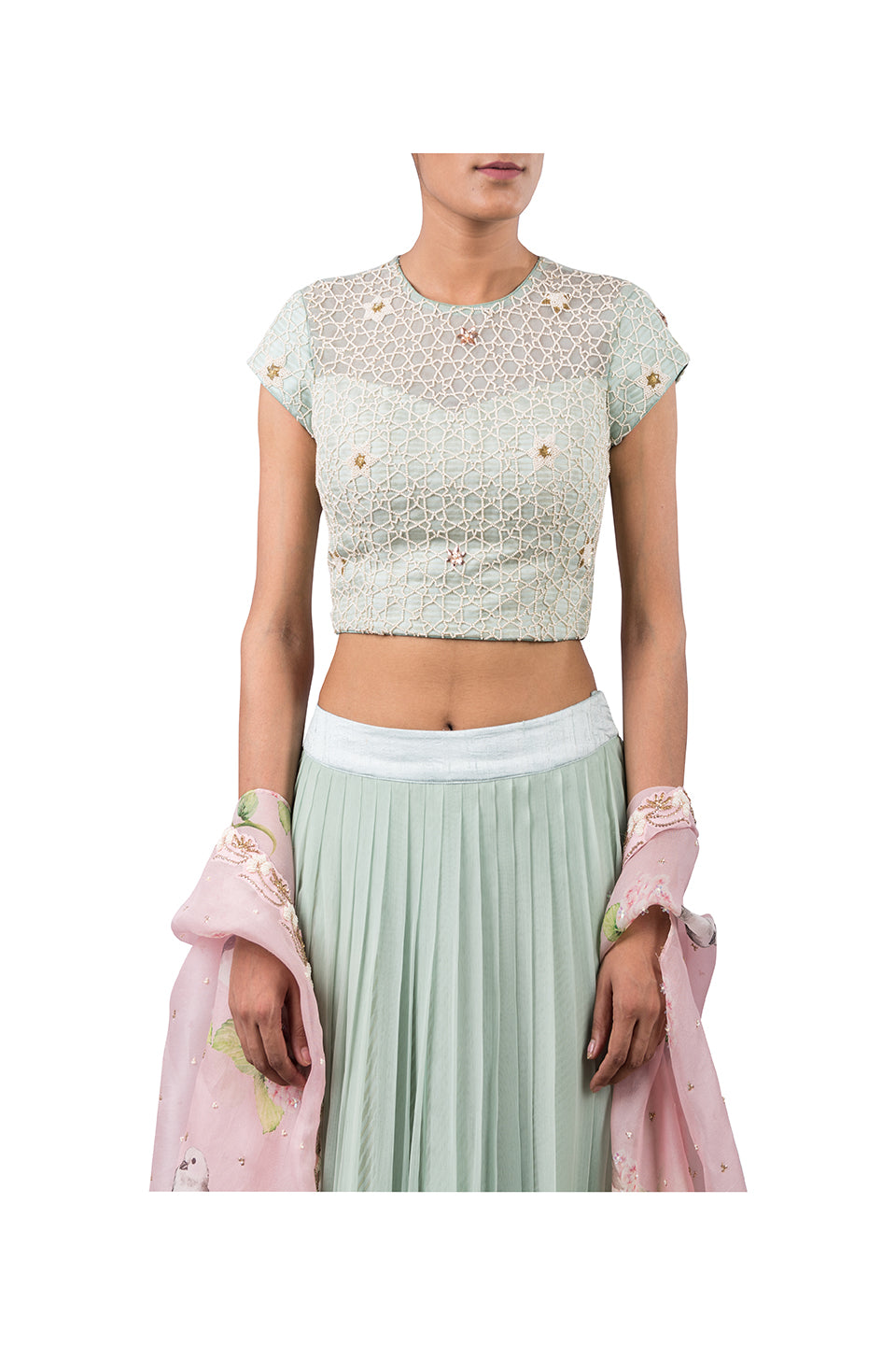 STAR WEB BLOUSE WITH CHIFFON PLEATED PLAZZO AND CUSTOM PRINTED PINK BIRD CAPE Yashodhara