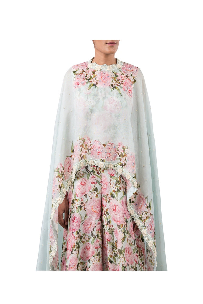 DIGITAL PRINT PEONIES JUMPSUIT WITH AQUA CUSTOM PRINTED CAPE Yashodhara