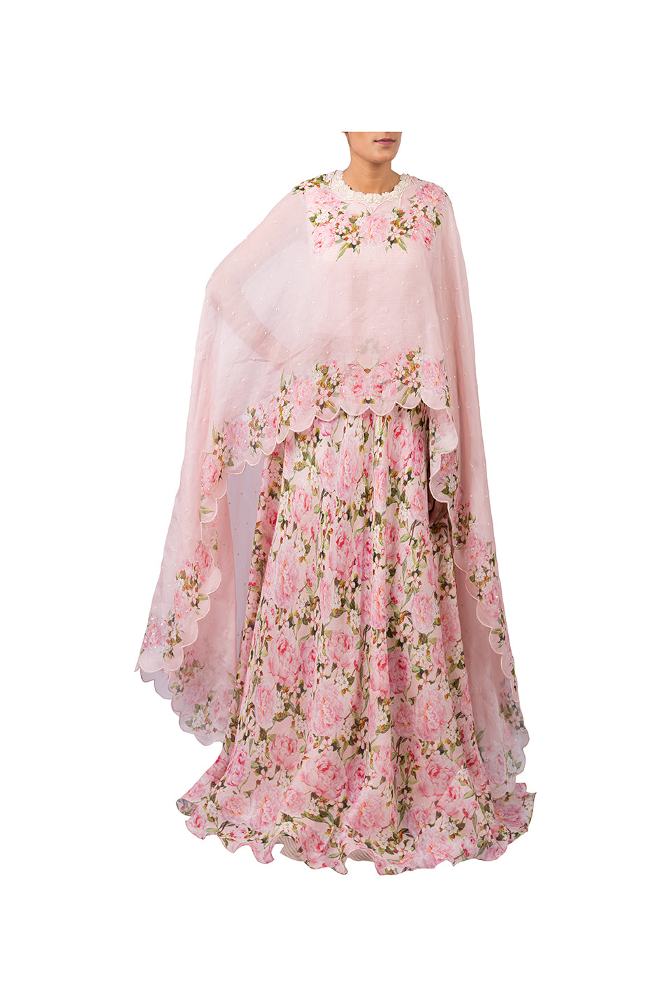 DIGITAL PRINT PEONIES ANARKALI WITH PRINTED PINK CAPE