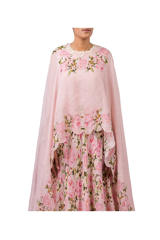 DIGITAL PRINT PEONIES ANARKALI WITH PRINTED PINK CAPE Yashodhara