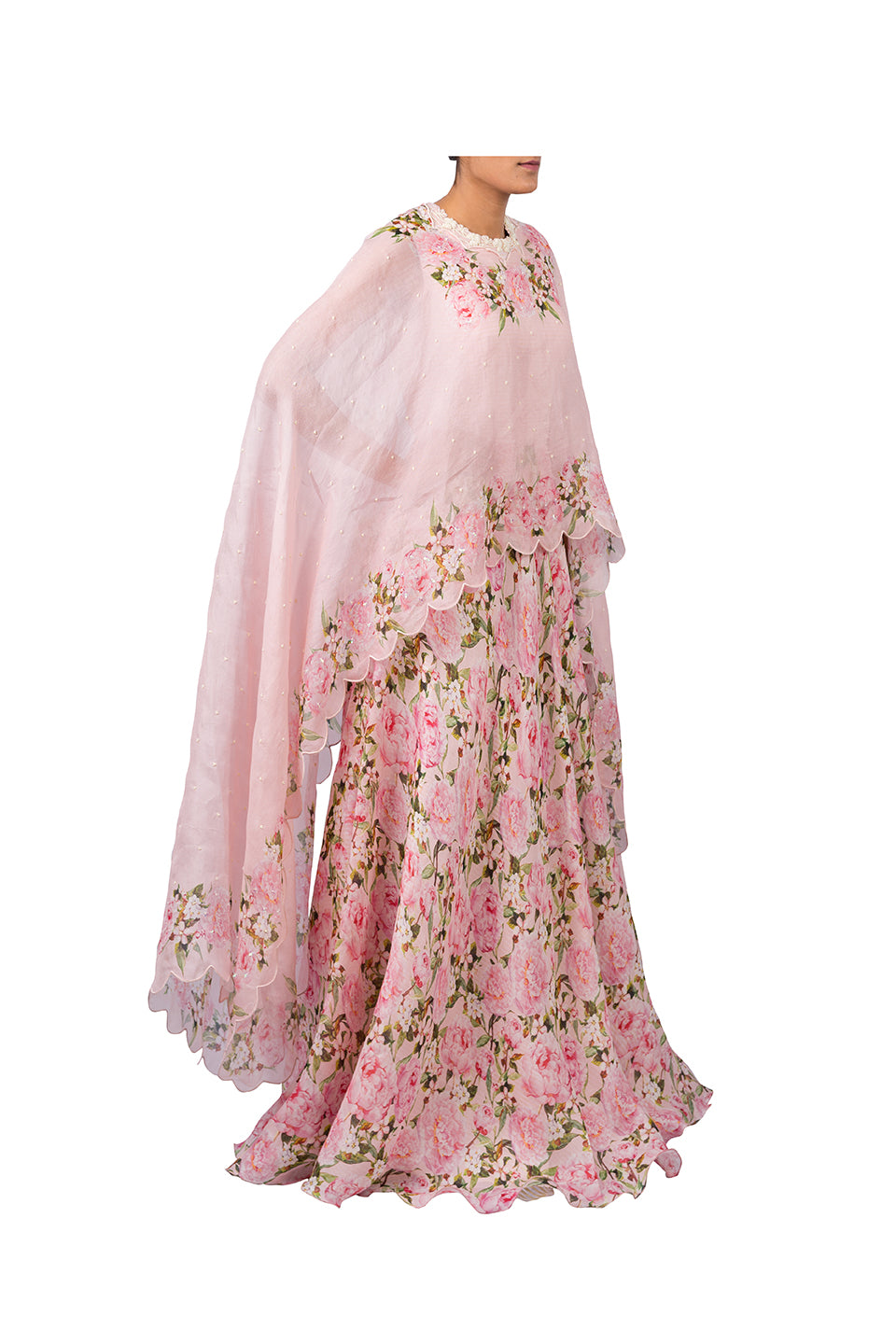 DIGITAL PRINT PEONIES ANARKALI WITH PRINTED PINK CAPE