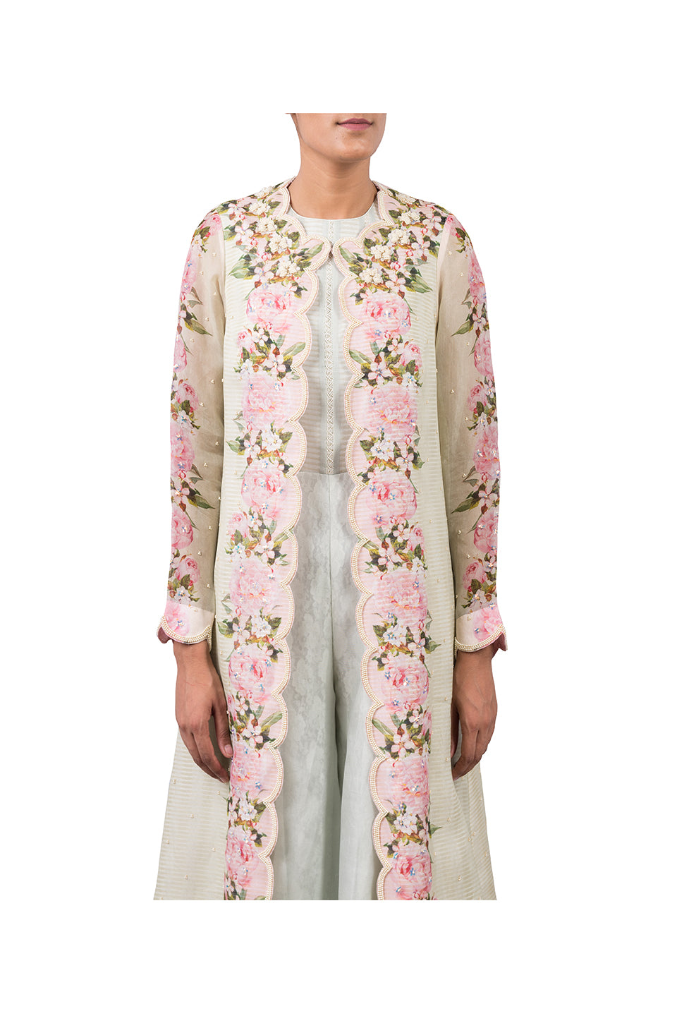 ORGANZA PEONIES PRINT LONG JACKET WITH JUMPSUIT Yashodhara