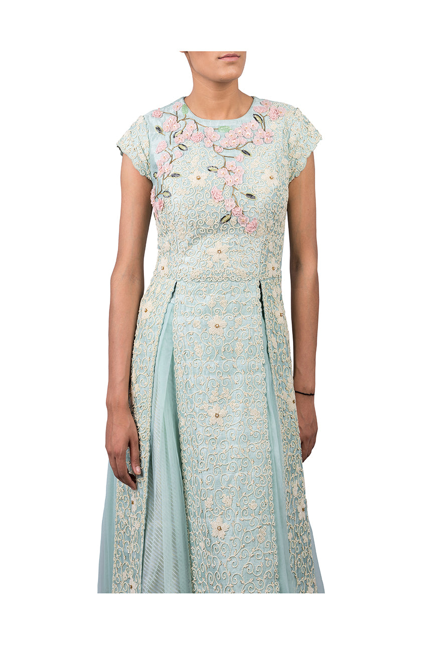 PEARL JAAL RAW SILK LONG JACKET WITH NET SKIRT AND PINK PEONIES STRIPE PRINTED DUPATTA Yashodhara