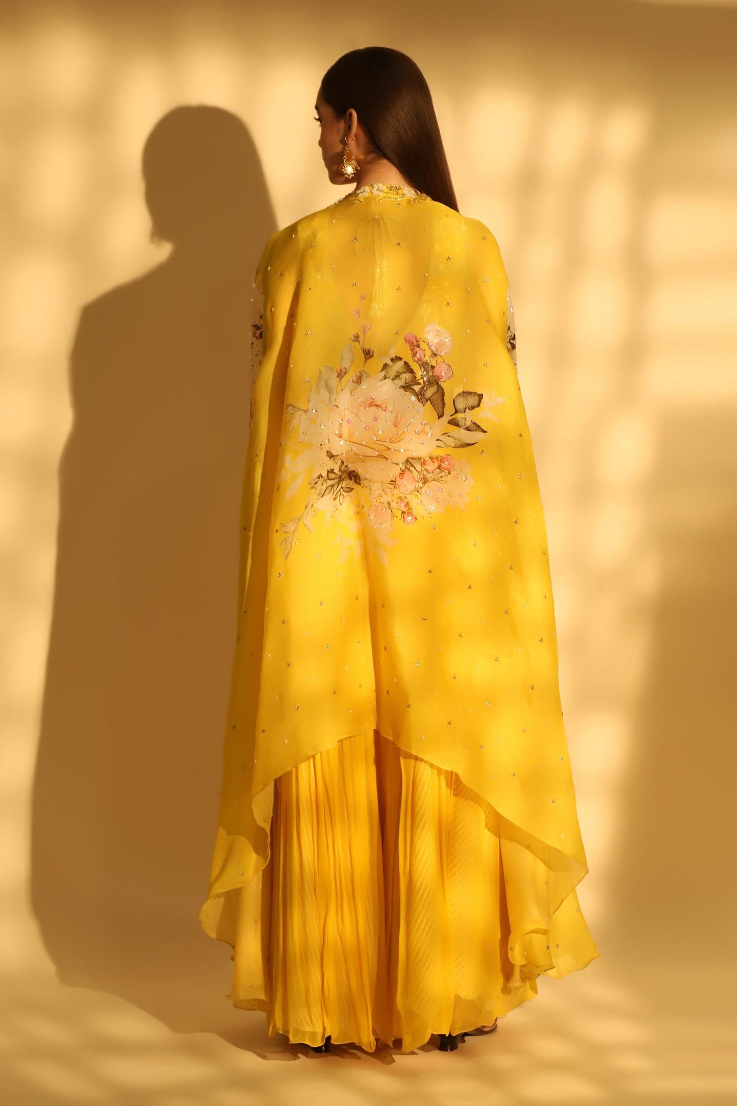 Yellow Embroidered Palazzo Set With Cape
