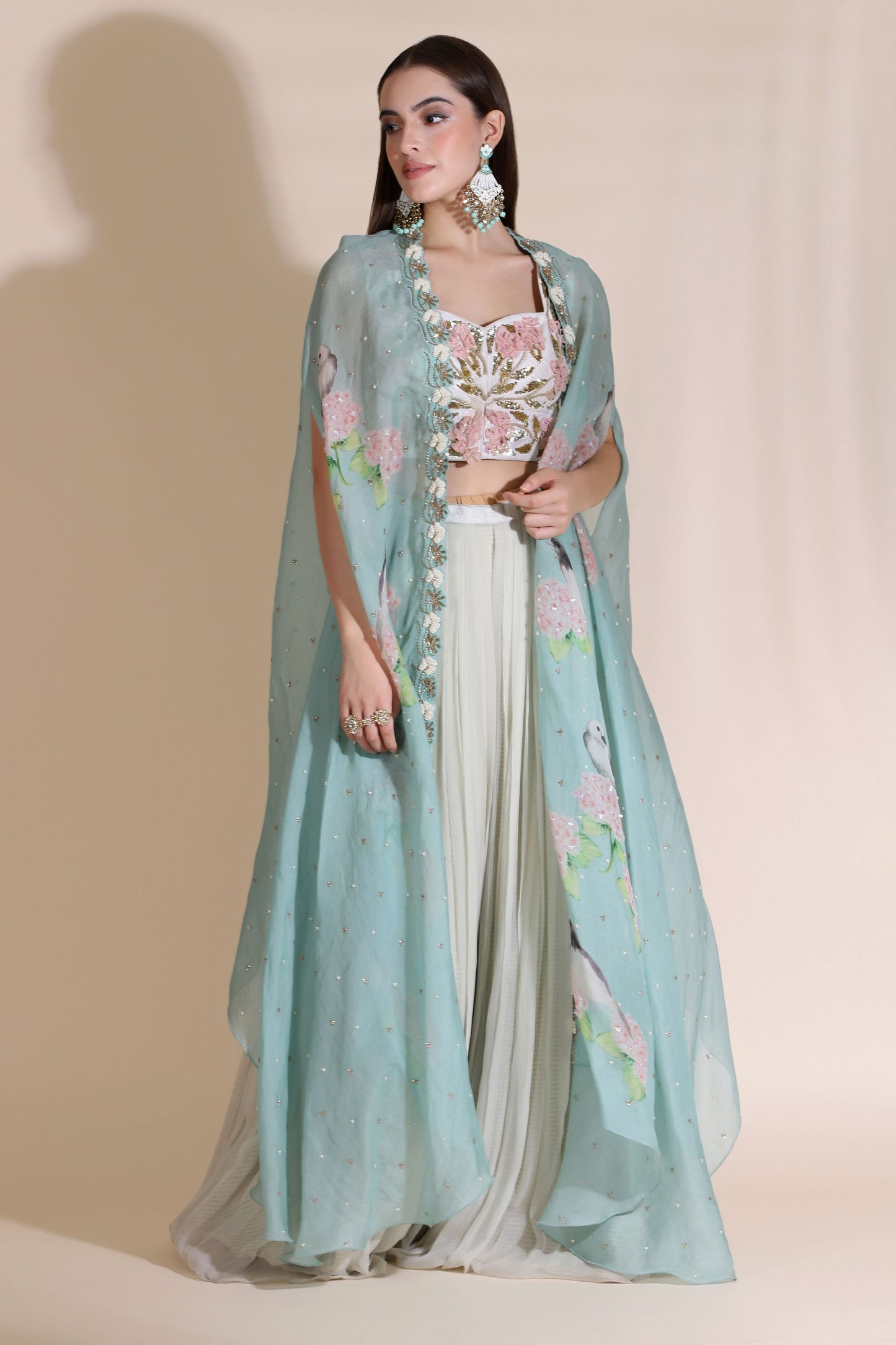 3D Flower Blouse With Plaeated Plazzo And Highlighted Cape