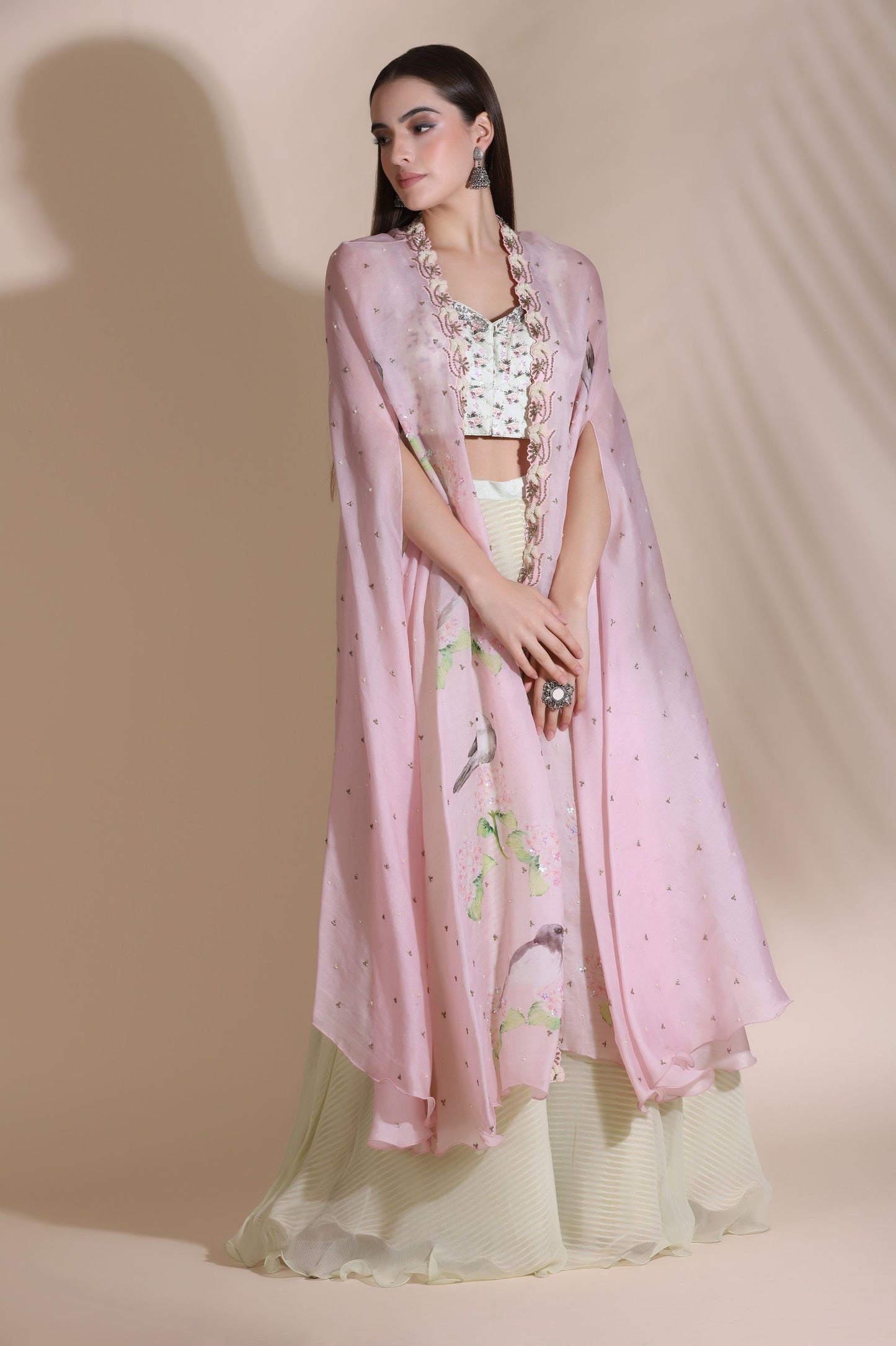 Printed Blouse with Palazzo & Cape