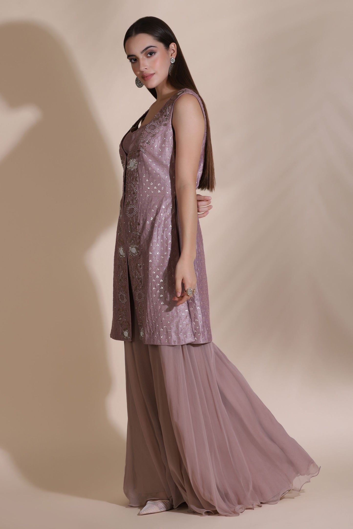 Bugle Bead Short Jacket with Blouse and Palazzos