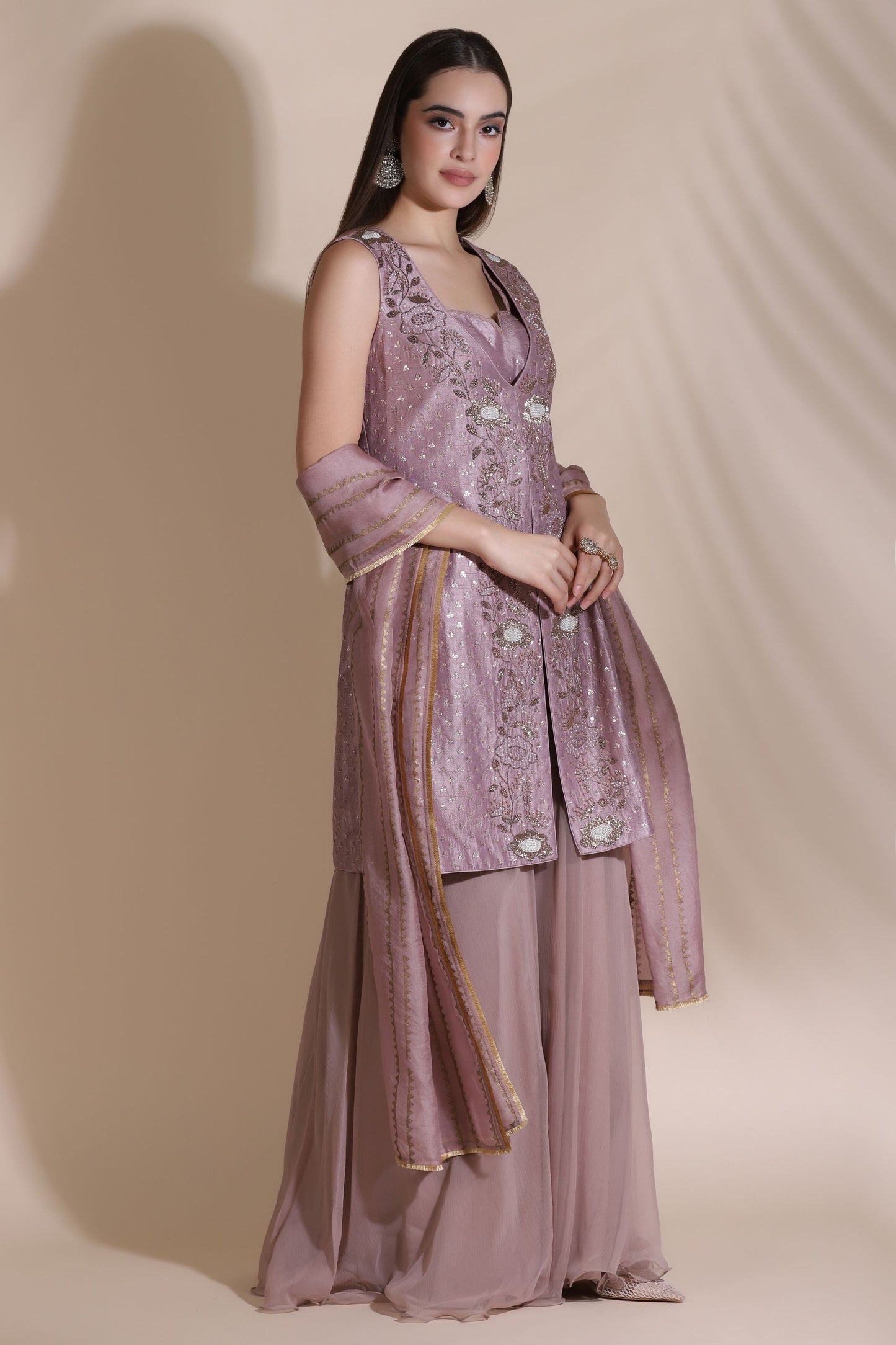 Bugle Bead Short Jacket with Blouse and Palazzos
