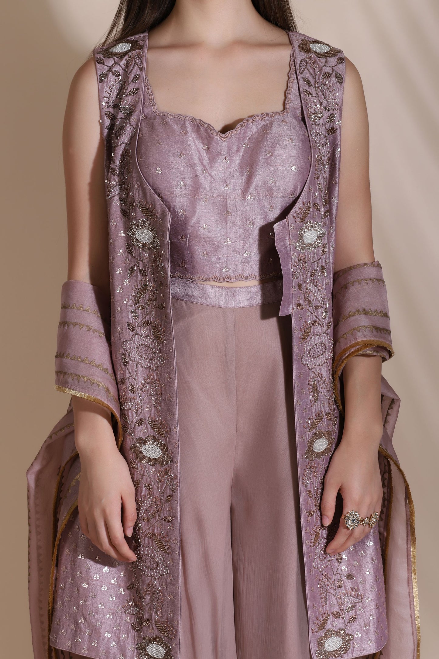 Bugle Bead Short Jacket with Blouse and Palazzos