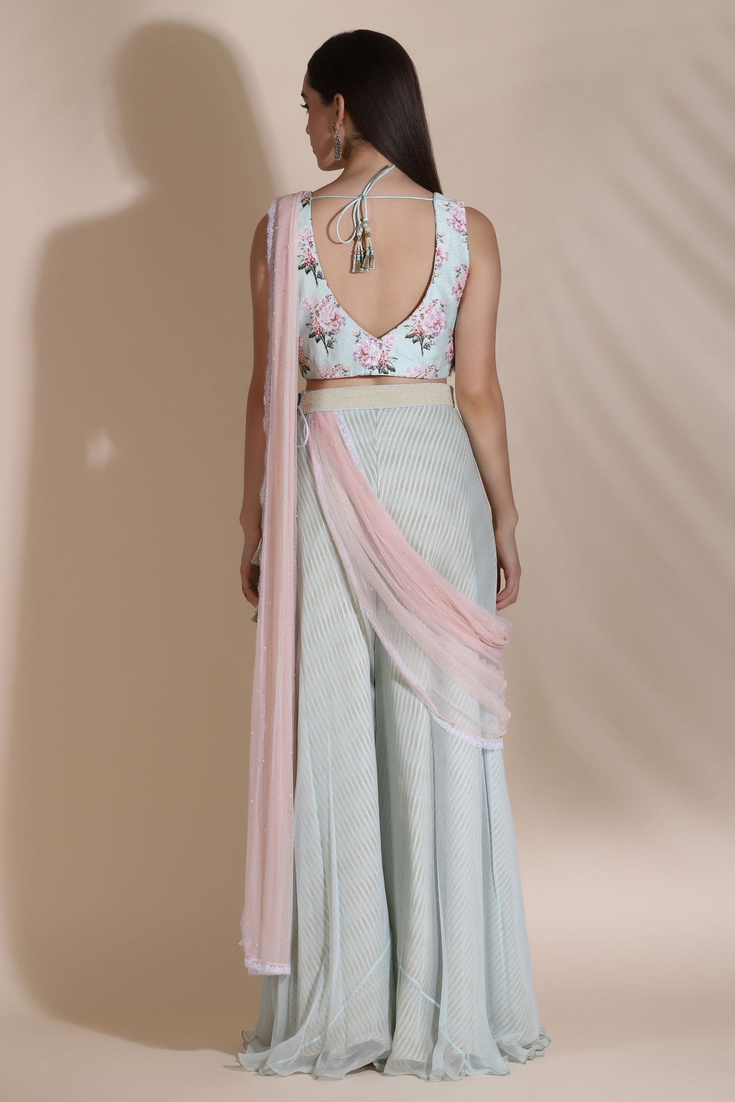 Printed Blouse With Palazzos, Draped Dupatta and Pearl Emblished Belt