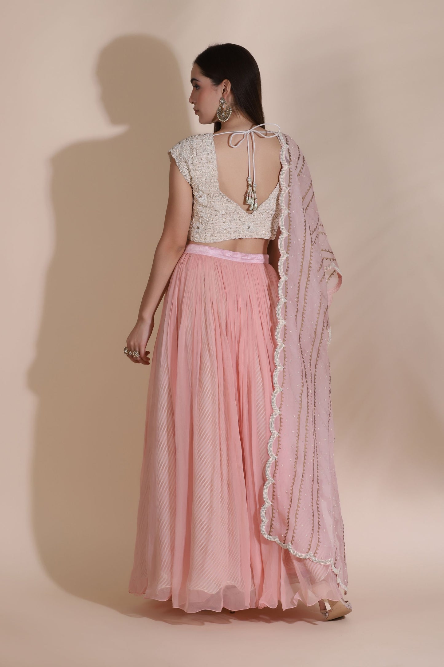 Pearl Work Blouse With Gathered Skirt, Belt And Duptta