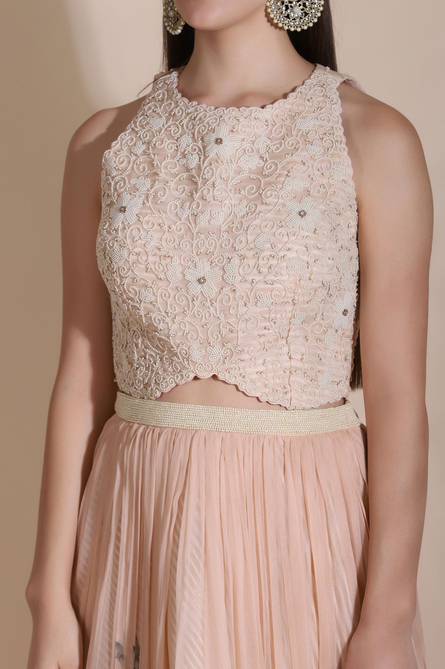 Pearl Work Blouse Paired With Printed Chiffon Skirt And Printed Dupatta