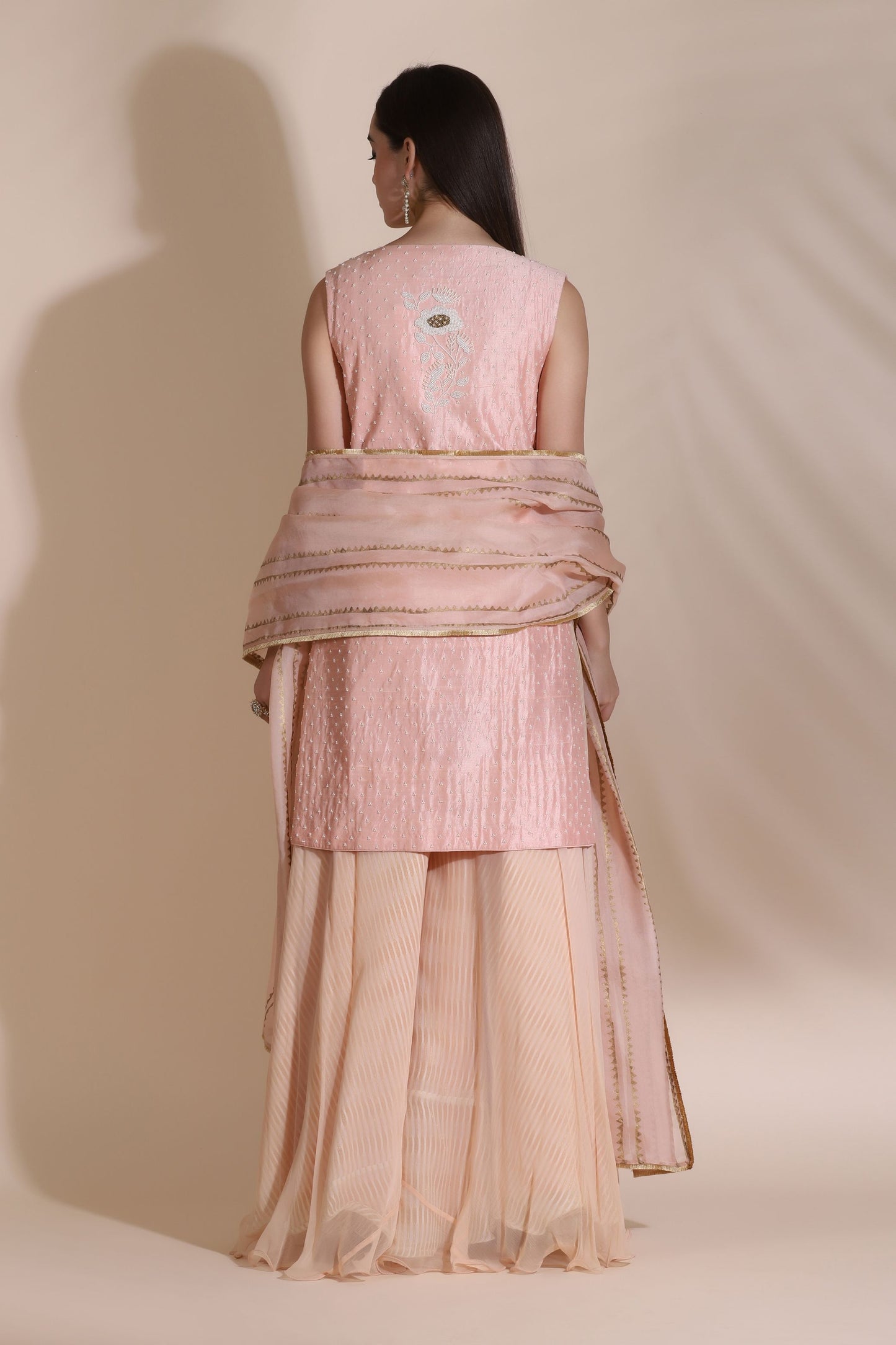 Pearl Work Jacket with Block Printed Dupatta and Palazzos