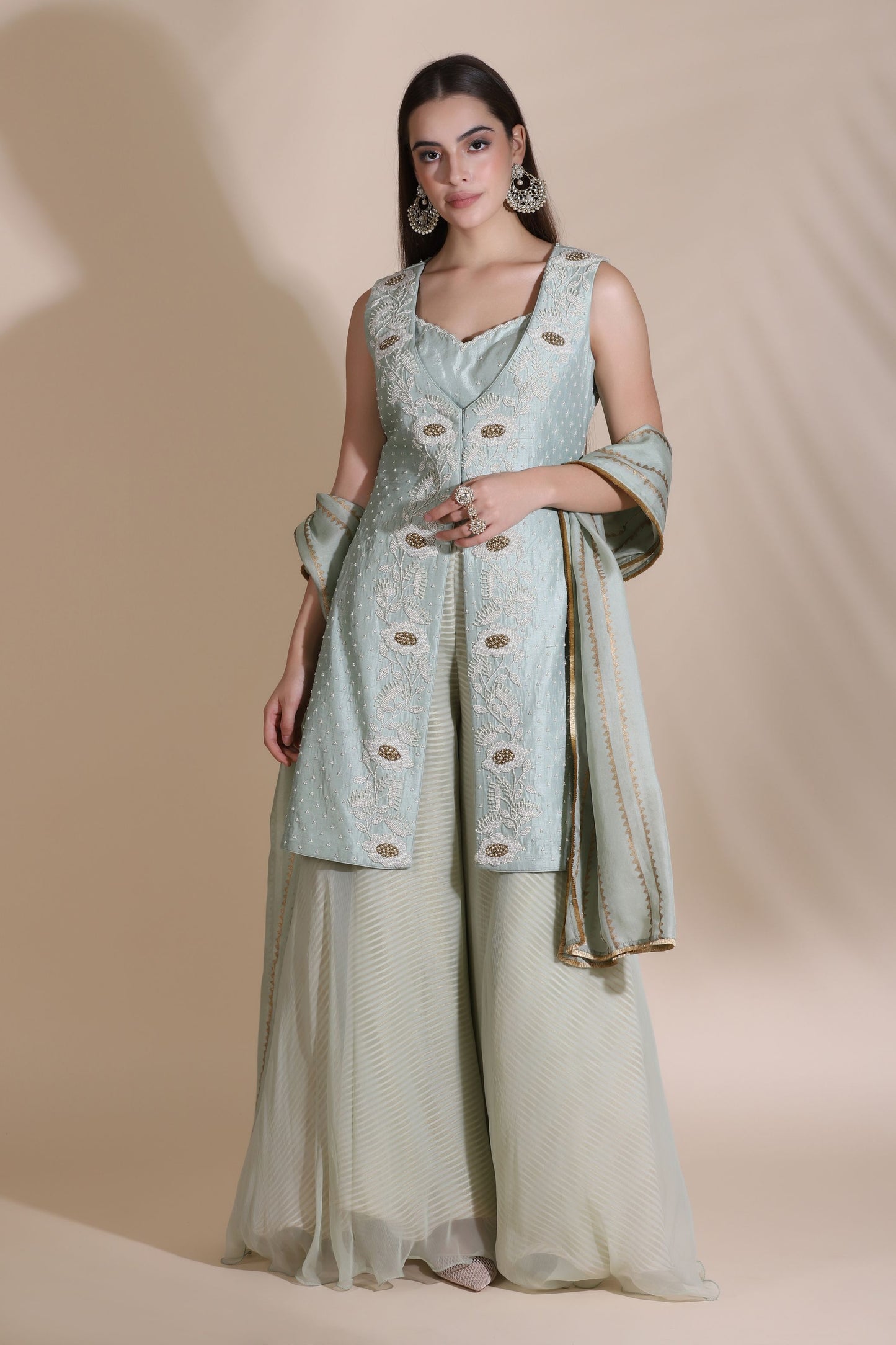 Pearl Work Jacket, Blouse with Block Printed Dupatta and Palazzos