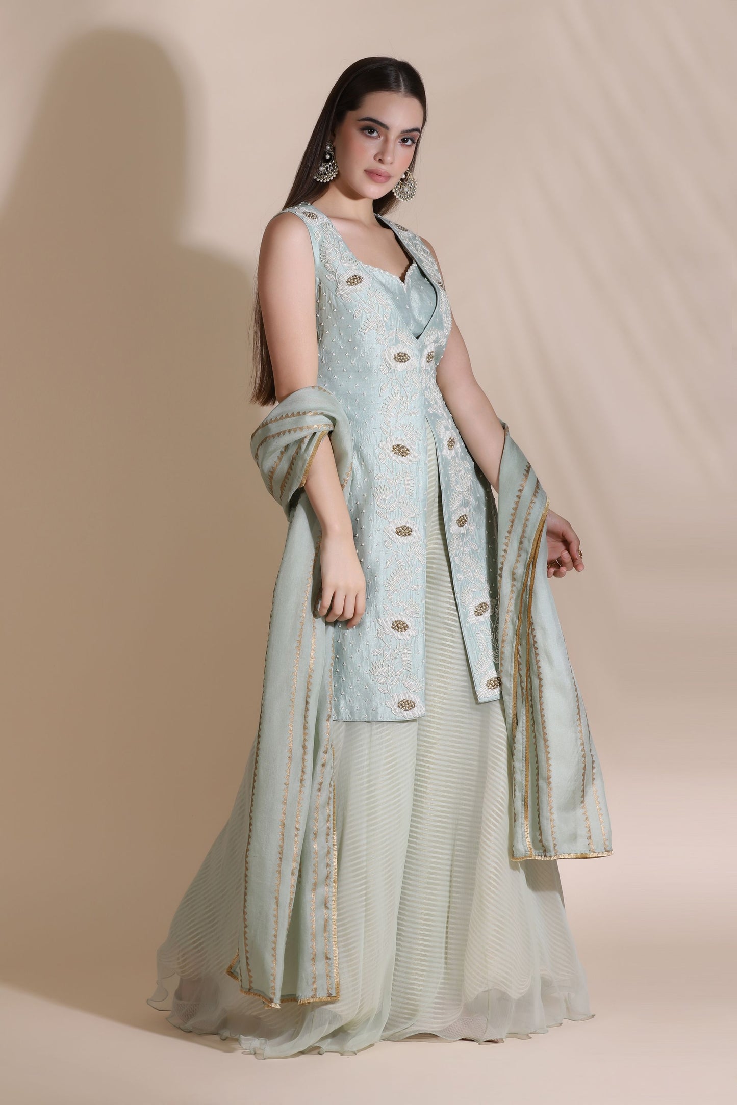 Pearl Work Jacket, Blouse with Block Printed Dupatta and Palazzos