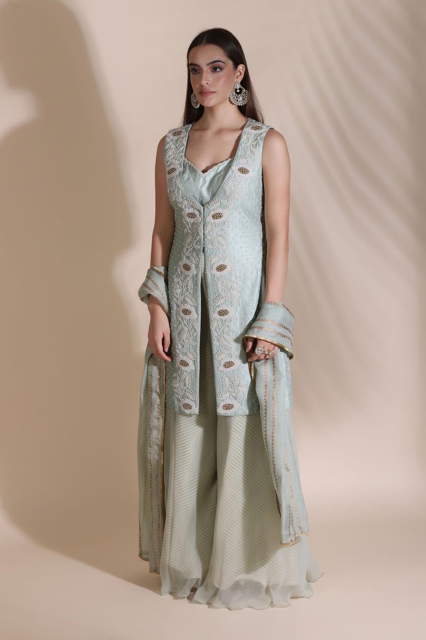 Pearl Work Jacket, Blouse with Block Printed Dupatta and Palazzos