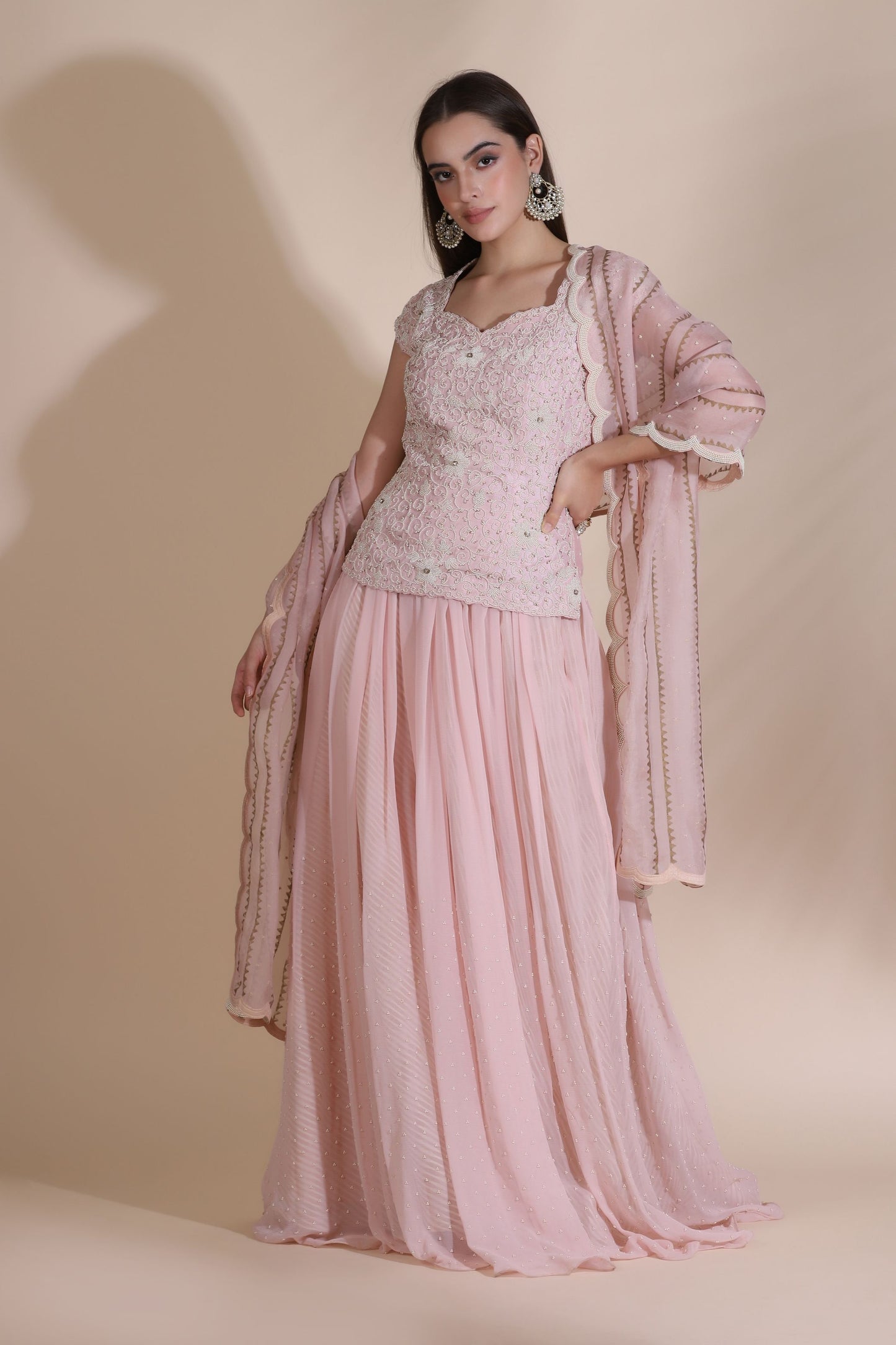 Pearl Work Kurti with Sharara and Organza Dupatta