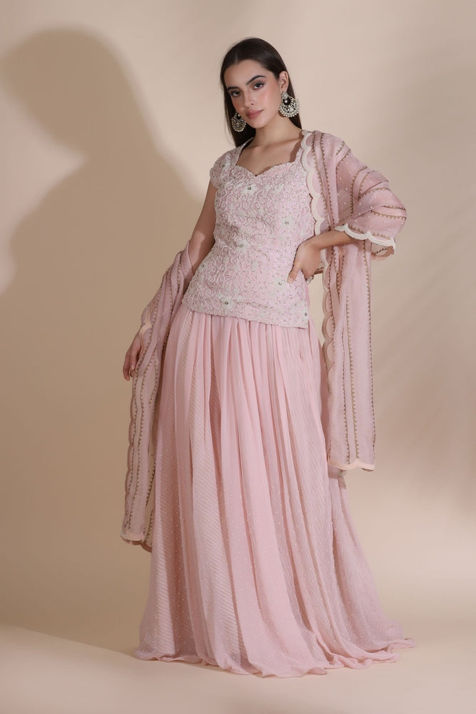 Pearl Work Kurti with Sharara and Organza Dupatta Yashodhara