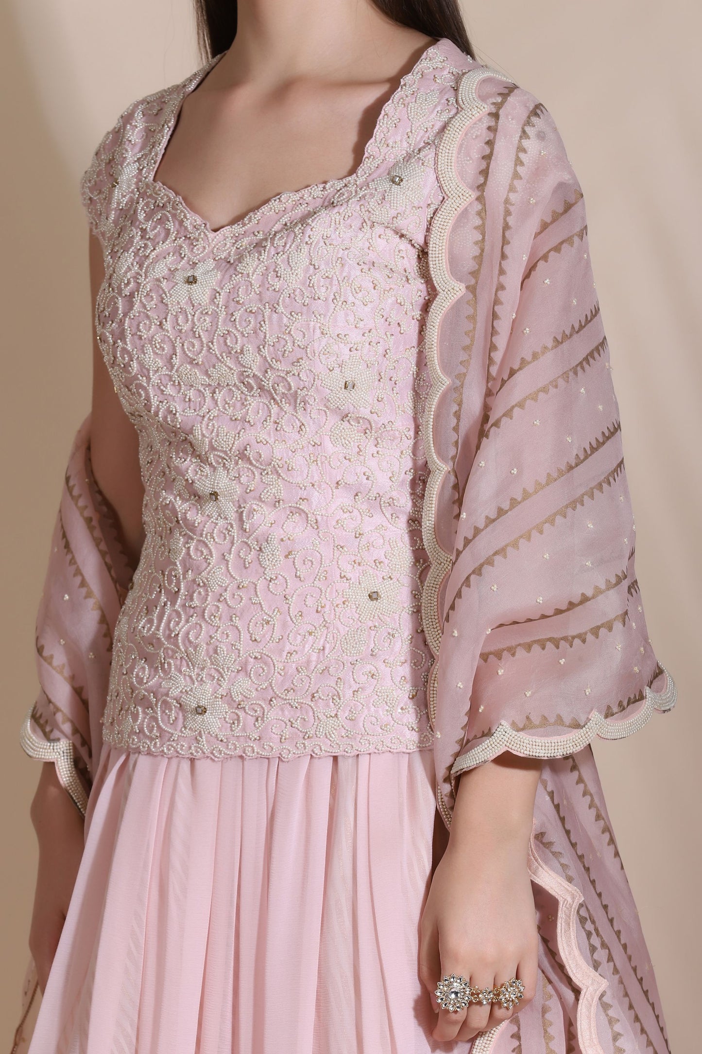 Pearl Work Kurti with Sharara and Organza Dupatta