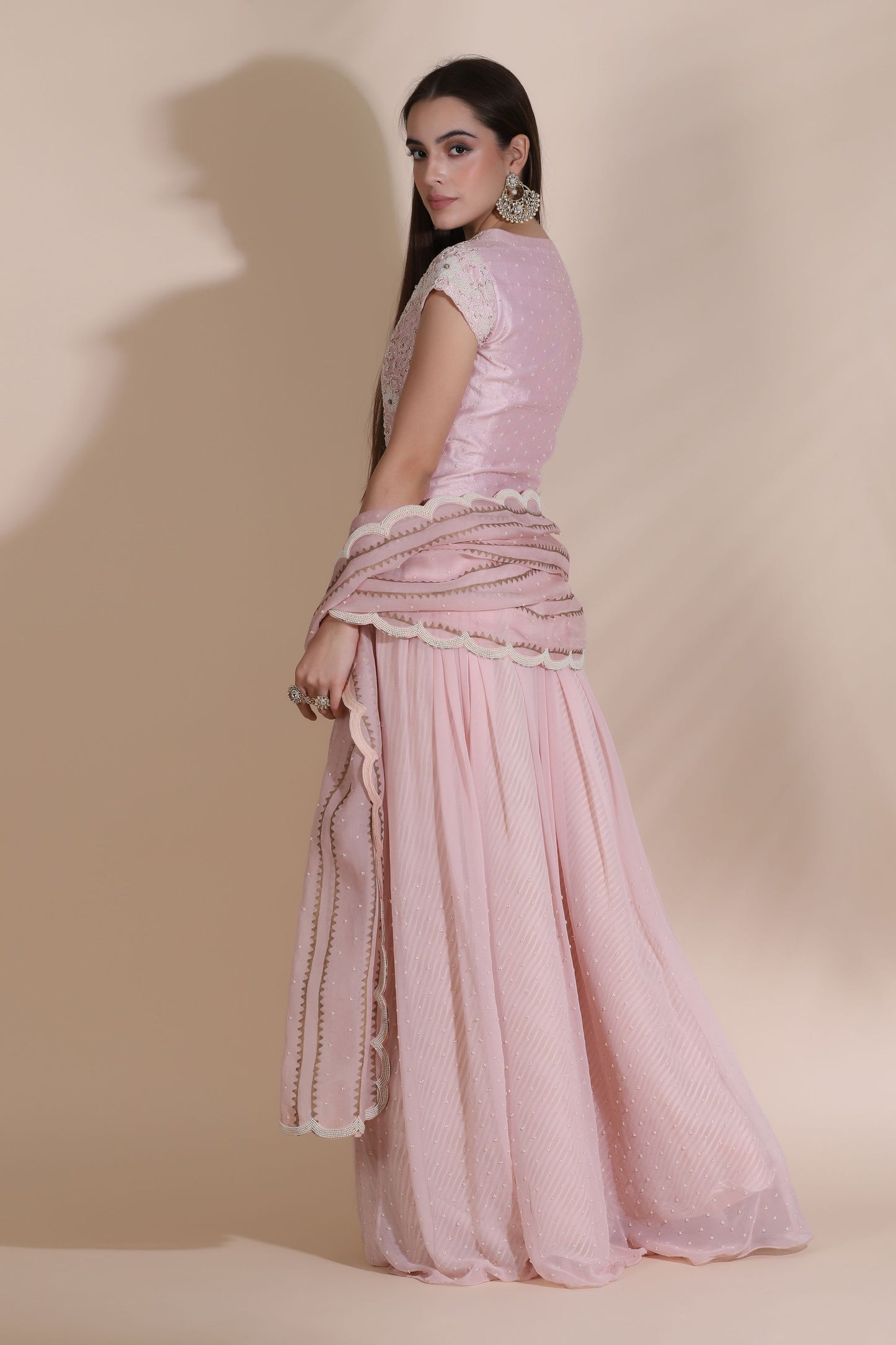Pearl Work Kurti with Sharara and Organza Dupatta