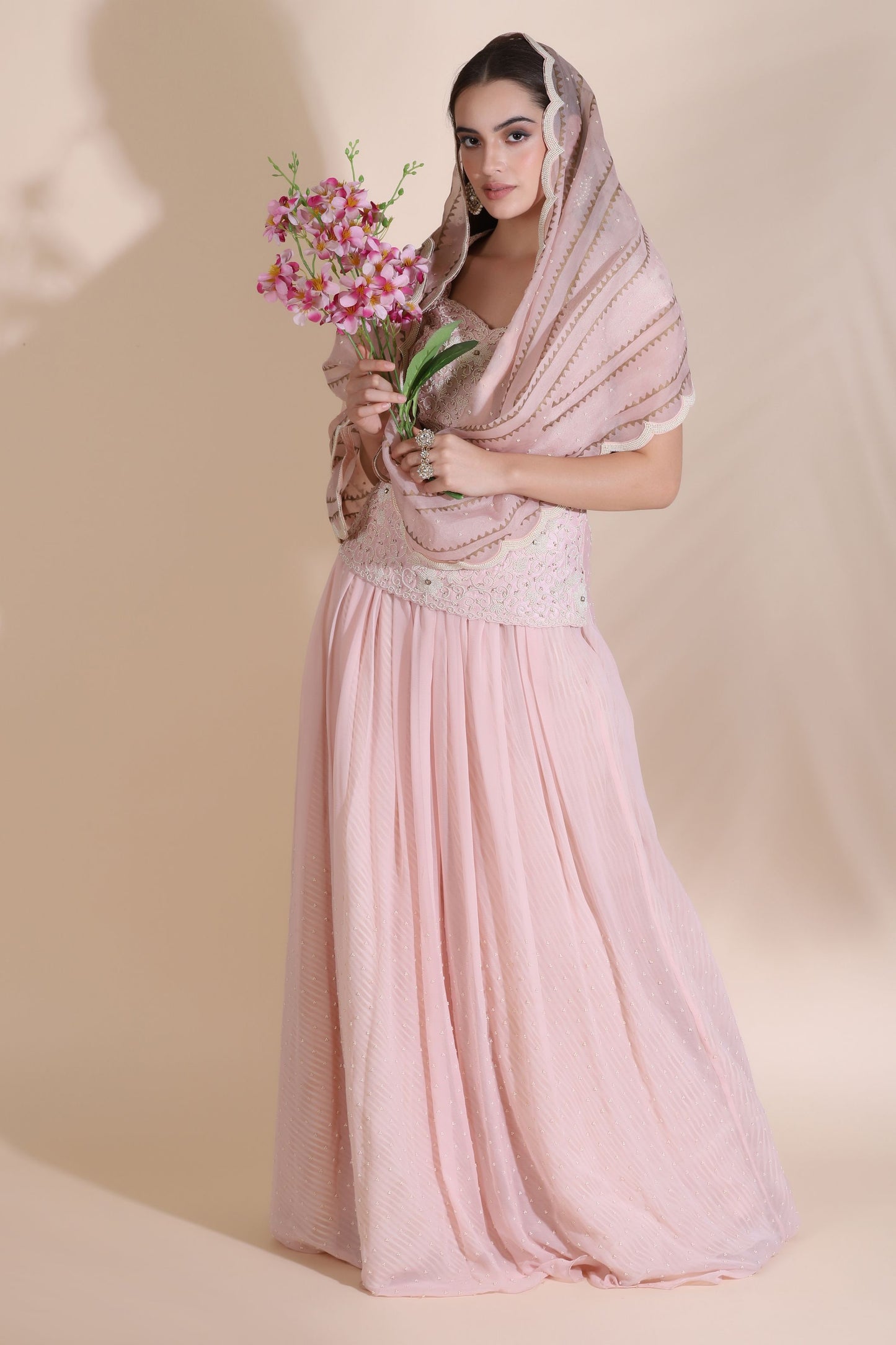 Pearl Work Kurti with Sharara and Organza Dupatta