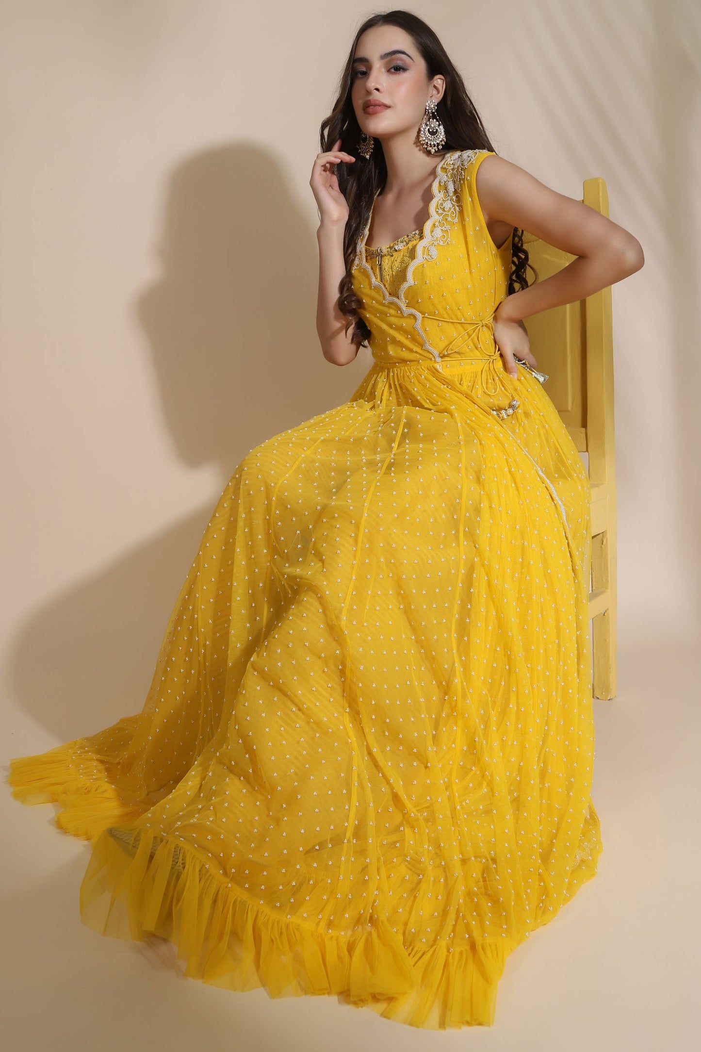 Persian Dori Corset With Organza Palazzo And moti Jaal Scallop Jacket