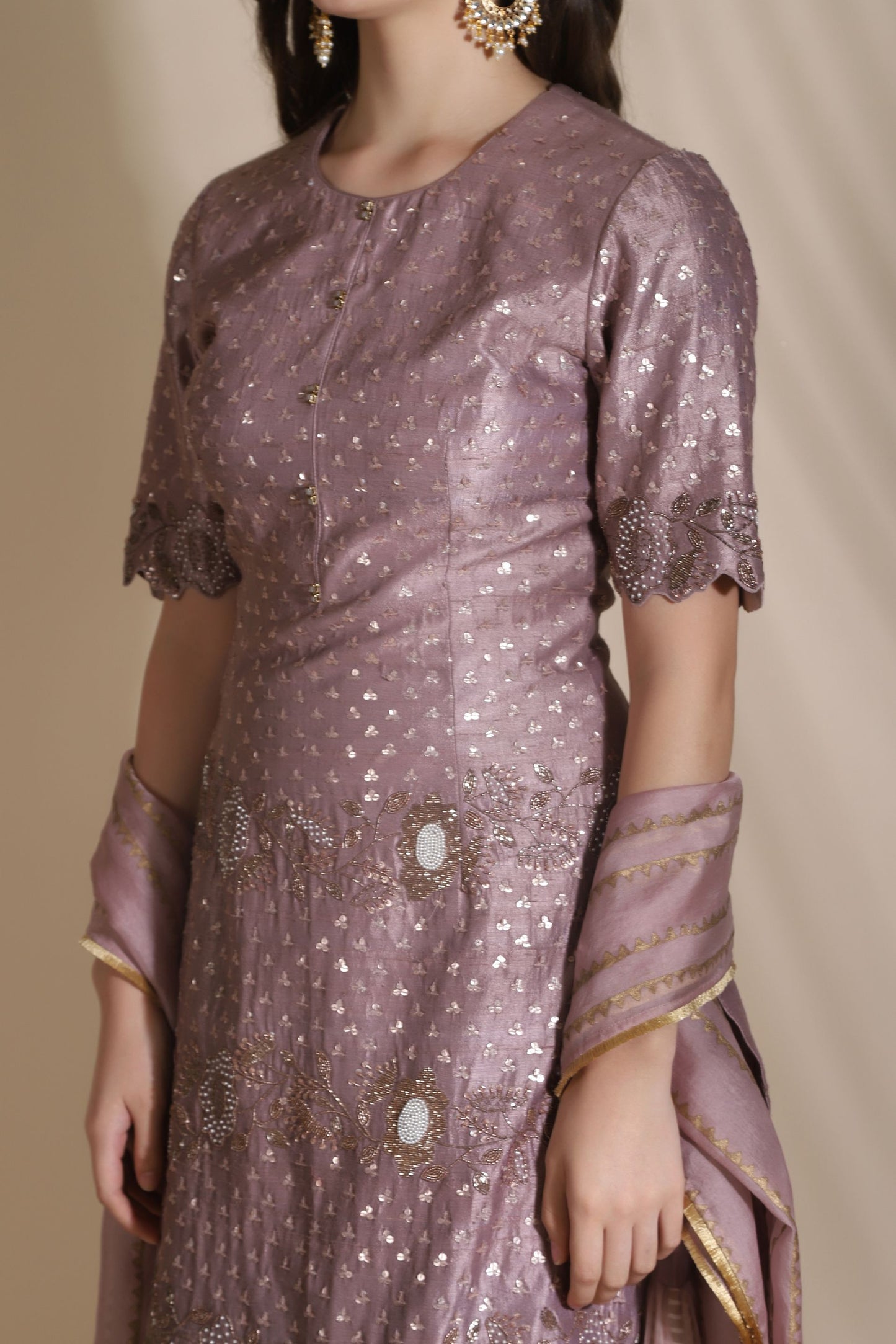 Bugle Bead Suit With Net Sharara And Block Printed Dupatta