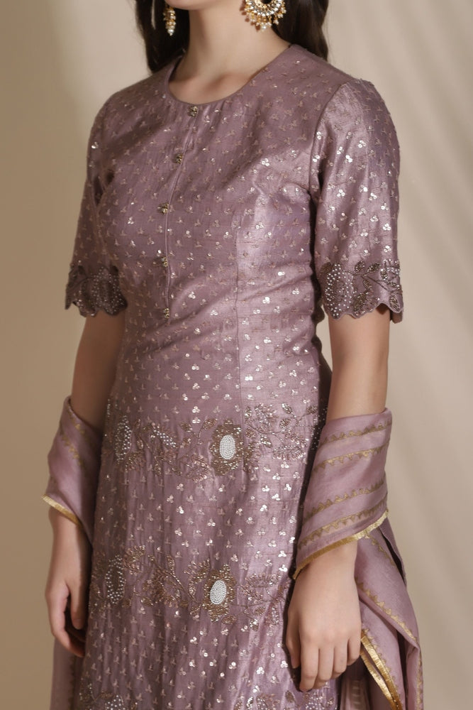 Bugle Bead Suit With Net Sharara And Block Printed Dupatta Yashodhara