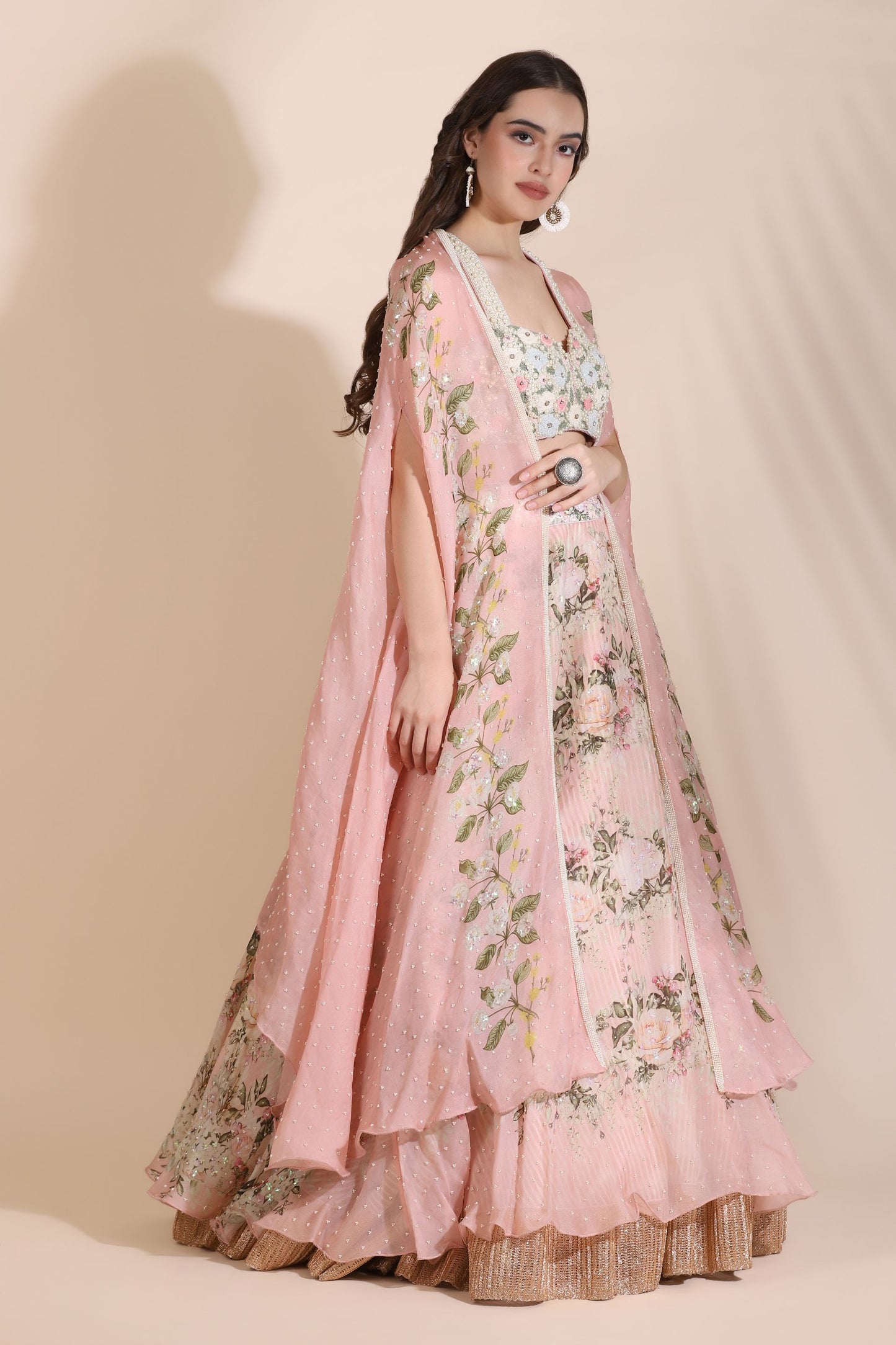 Floral Bustier with Cape and Lehenga