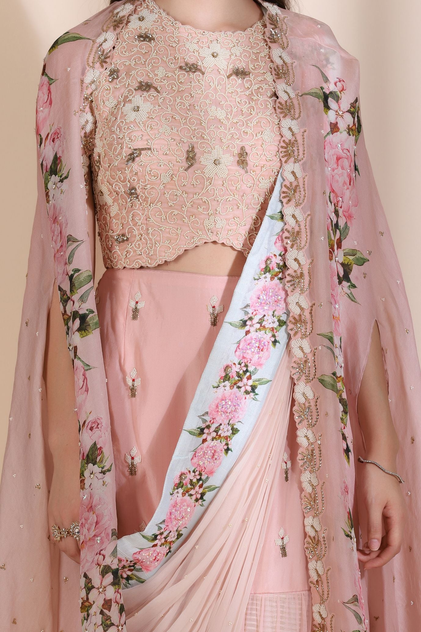 Pearl Work Sash Sharara with Printed Cape