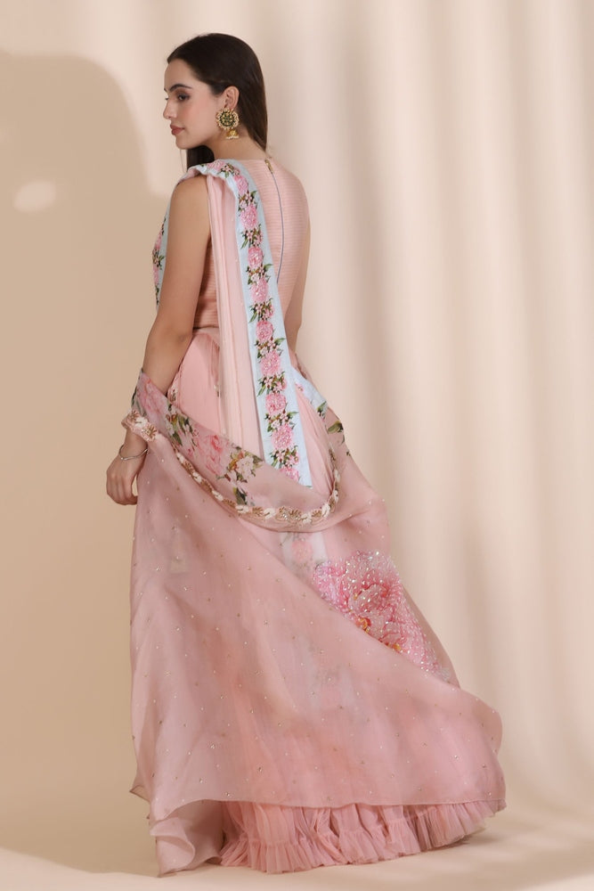 Pearl Work Sash Sharara with Printed Cape Yashodhara