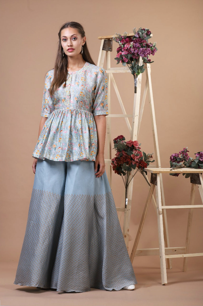 DULL BLUE BOTANICAL SHORT KURTI WITH BLOCK PRINT BIAS PALAZZO AND DUPATTA