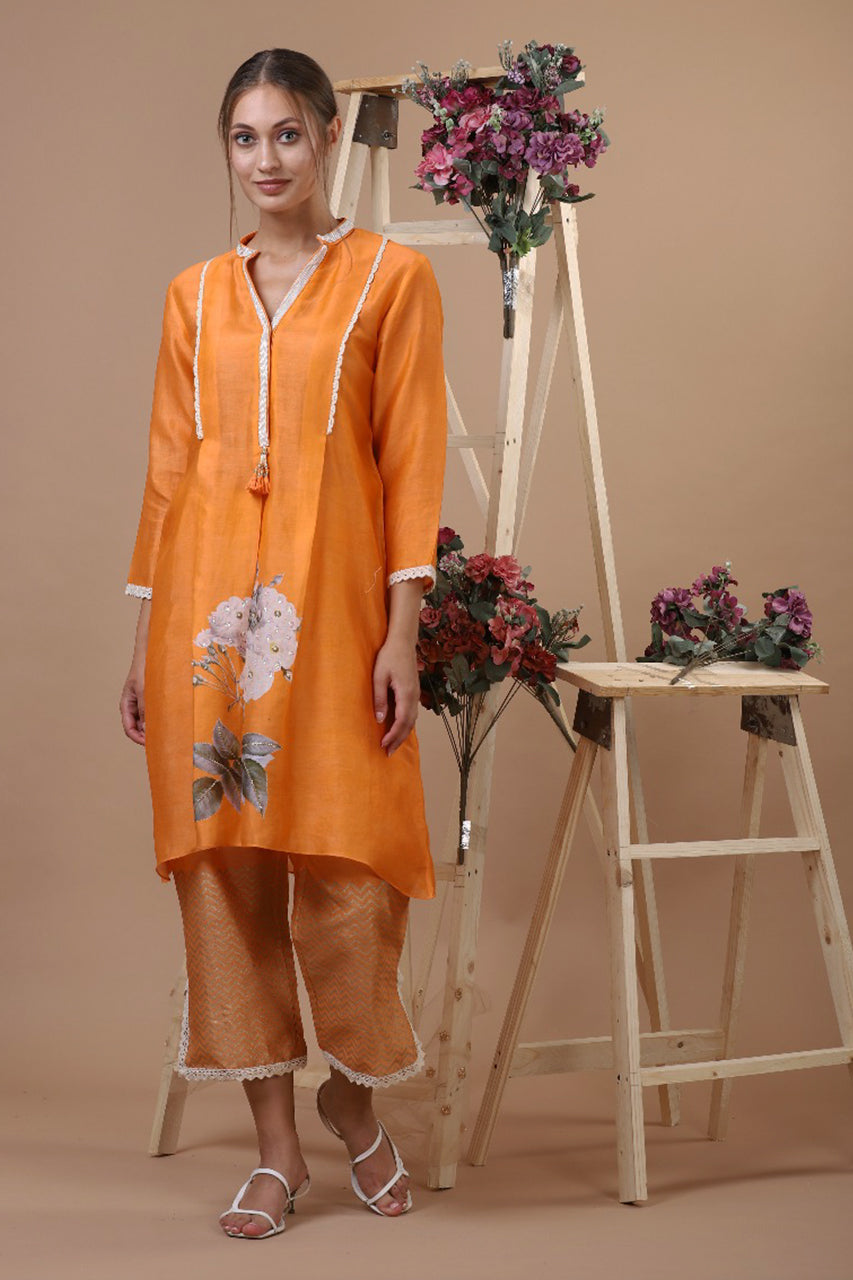 SAFFRON MAGNOLIA KURTI WITH CROCHET DUPATTA AND PALAZZO Yashodhara