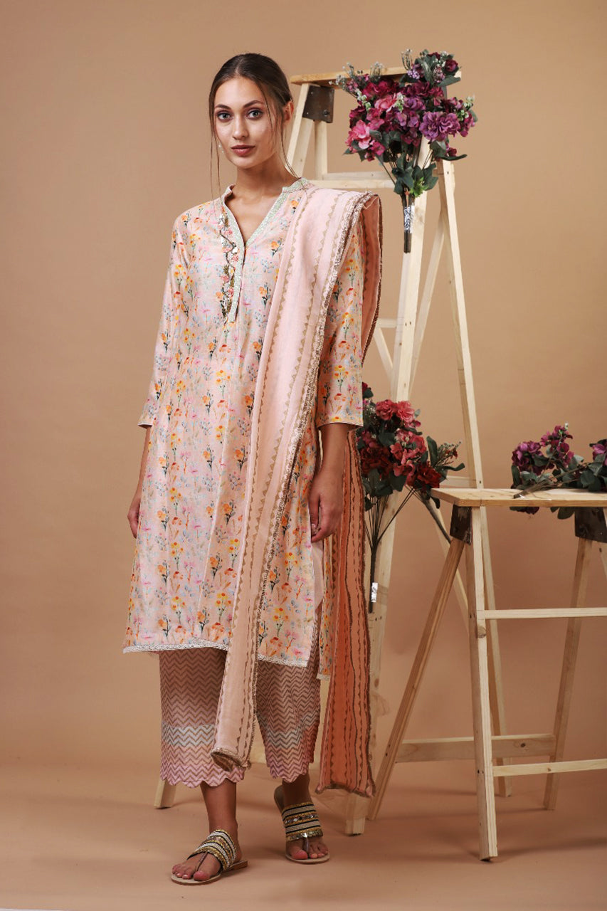 LIGHT BRICK BOTANICAL PRINT KURTI WITH BLOCK PRINT PALAZZO