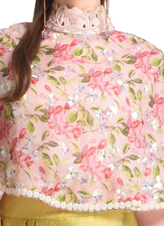 FLORAL CAPE WITH COWL DRAPED DHOTI