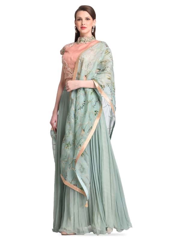 GREEN LEHENGA WITH PRINTED DUPATTA