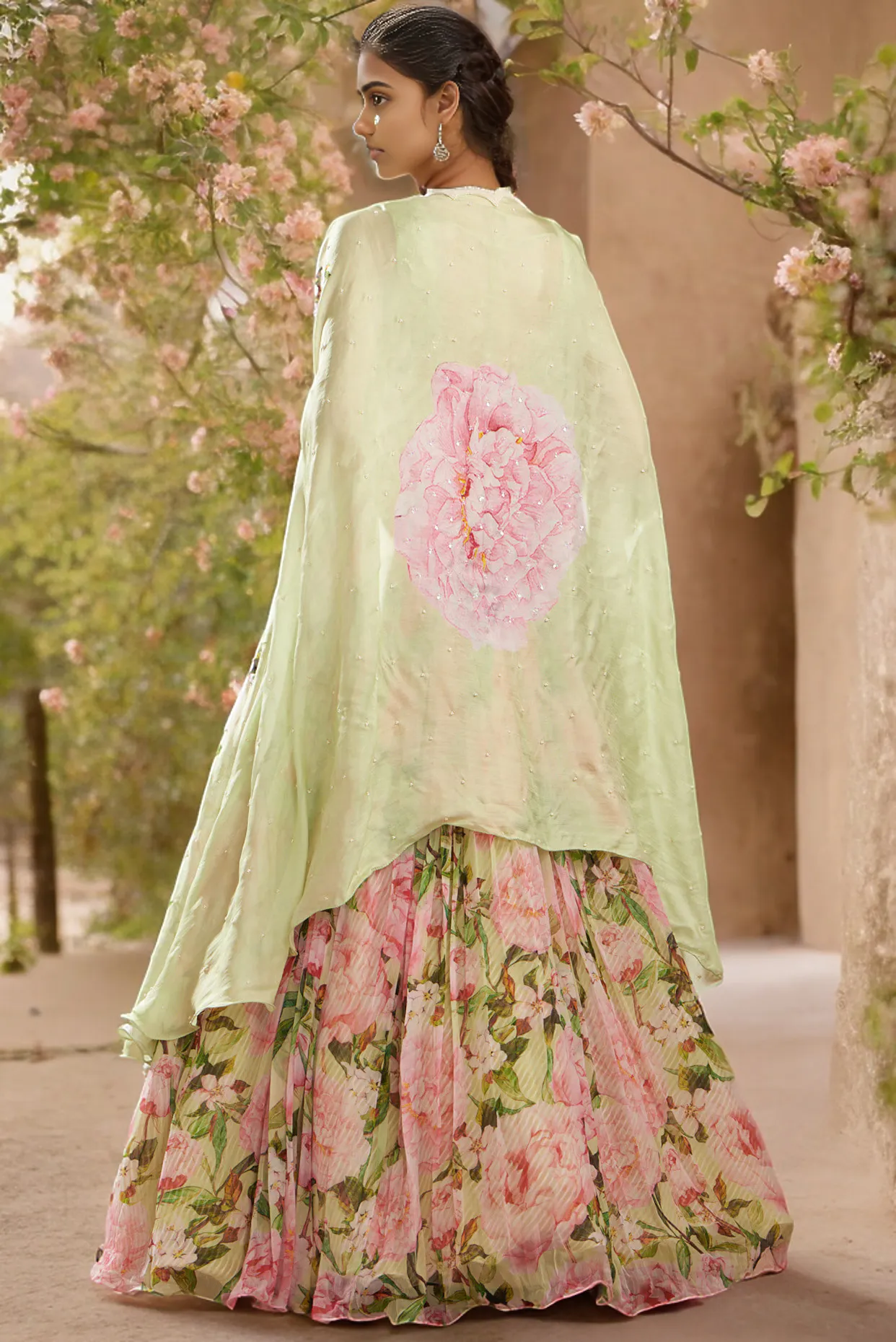 Jade Chiffon Printed Jacket Lehenga Set